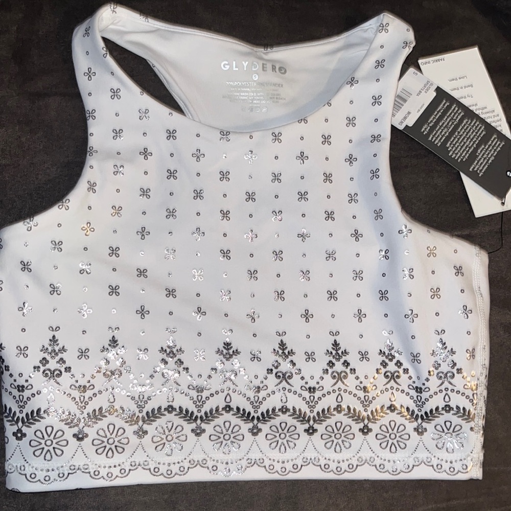 Glyder floral silver foil print sports bra